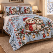 Christmas Owl Winter Holiday Quilt Set: angled bedroom view showing the quilt artwork and coordinating shams