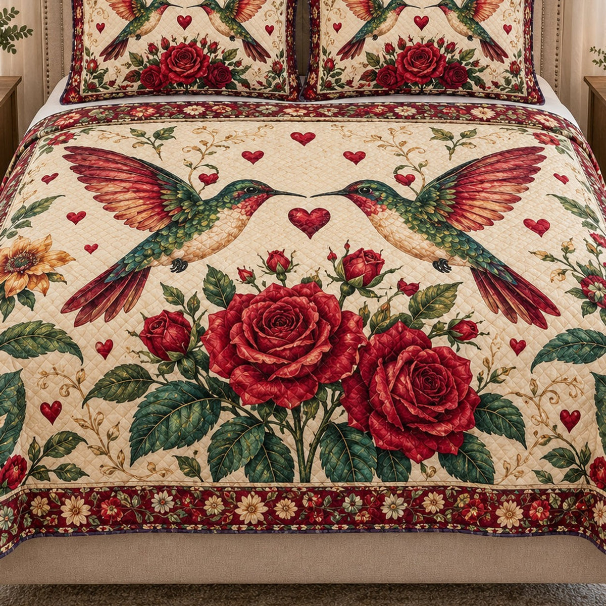Close view of the Hummingbird Rose Love quilt artwork and two matching shams