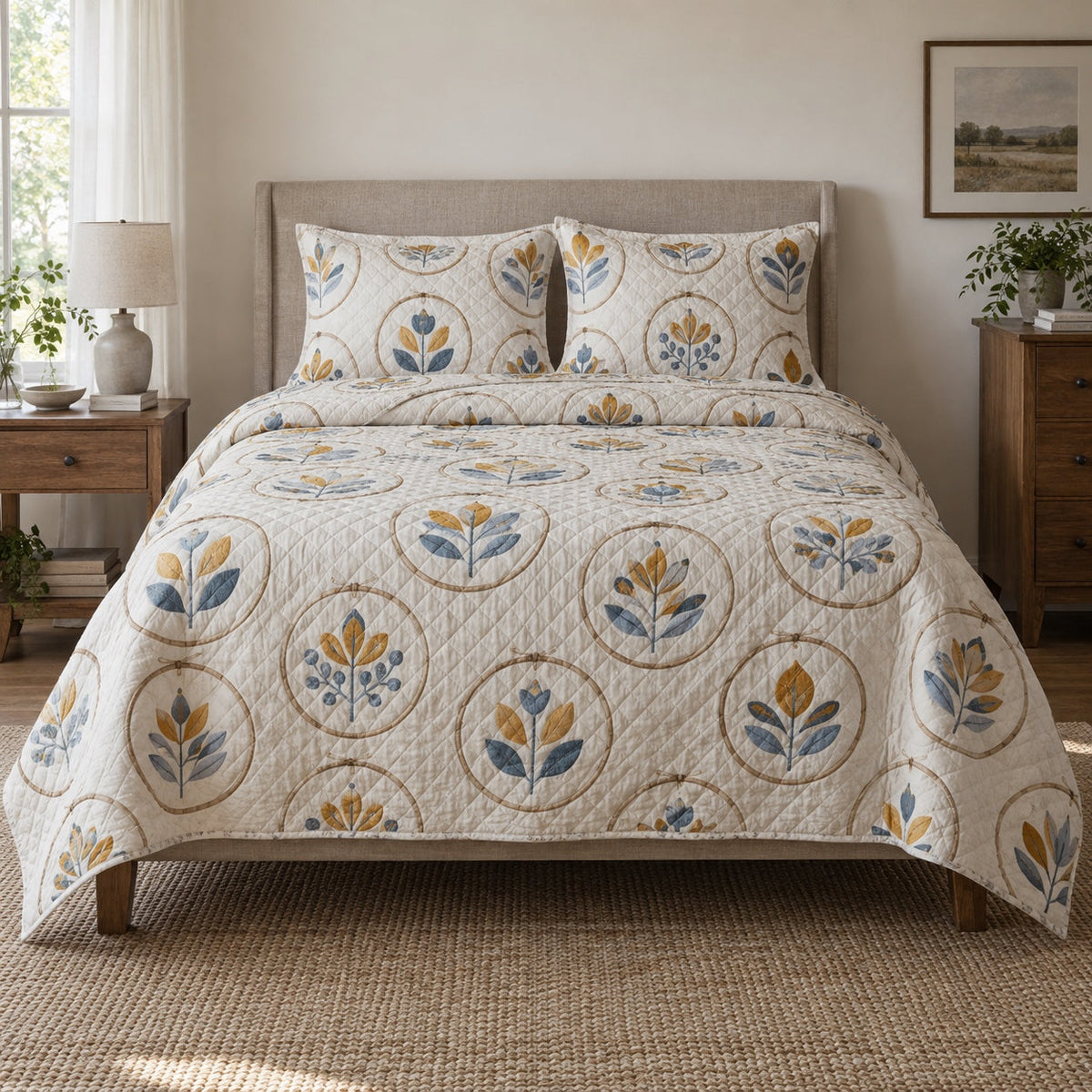 Maker Hoop Embroidery Quilt Set, front embroidery bedroom view