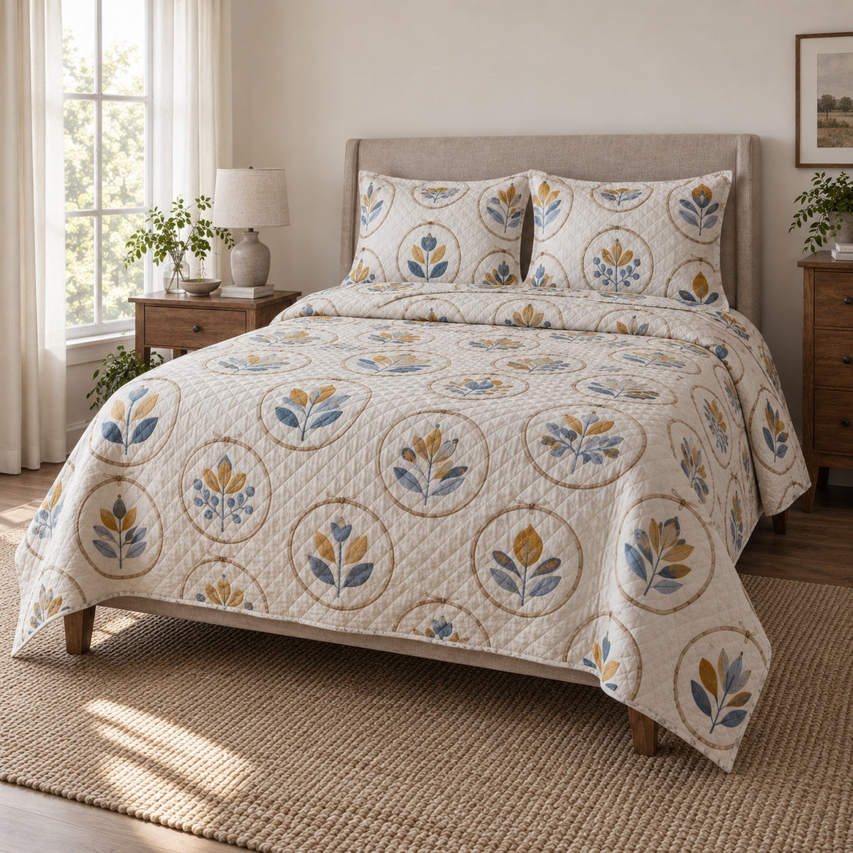 Maker Hoop Embroidery Quilt Set, angled embroidery bedroom view