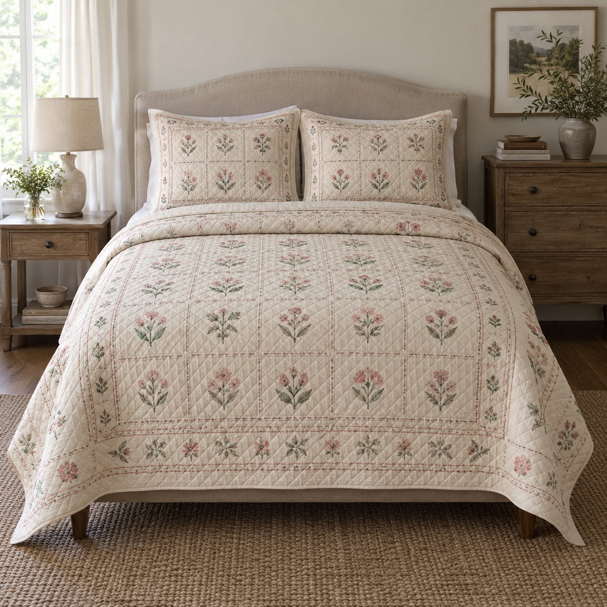 Floral Sampler Embroidery Quilt Set, front embroidery bedroom view