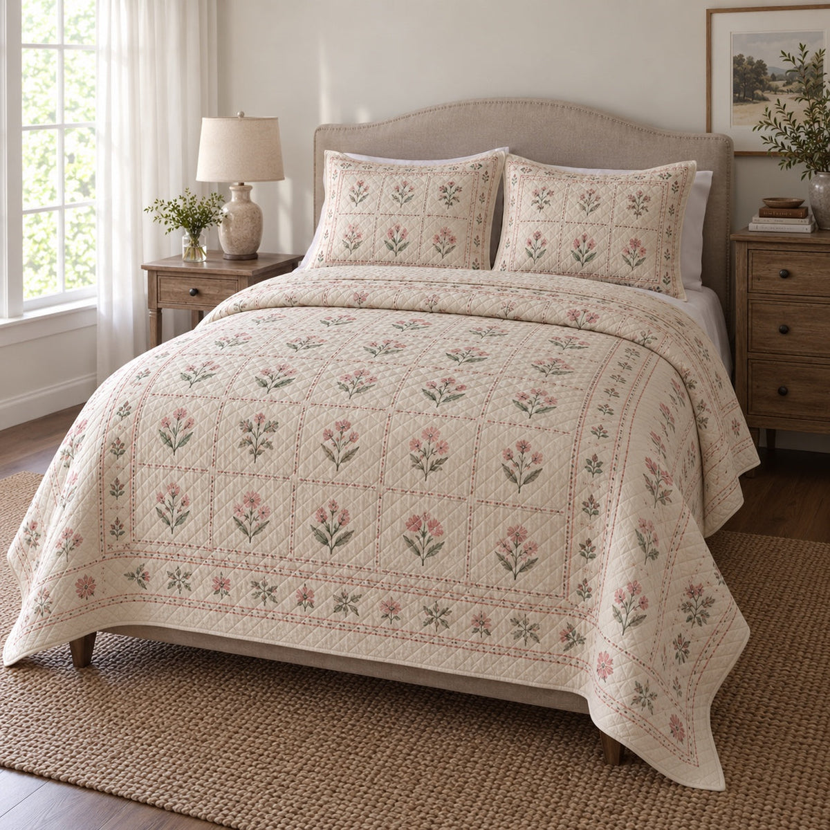 Floral Sampler Embroidery Quilt Set, angled embroidery bedroom view