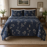 Night Bloom Embroidery Quilt Set, front embroidery bedroom view