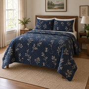 Night Bloom Embroidery Quilt Set, angled embroidery bedroom view