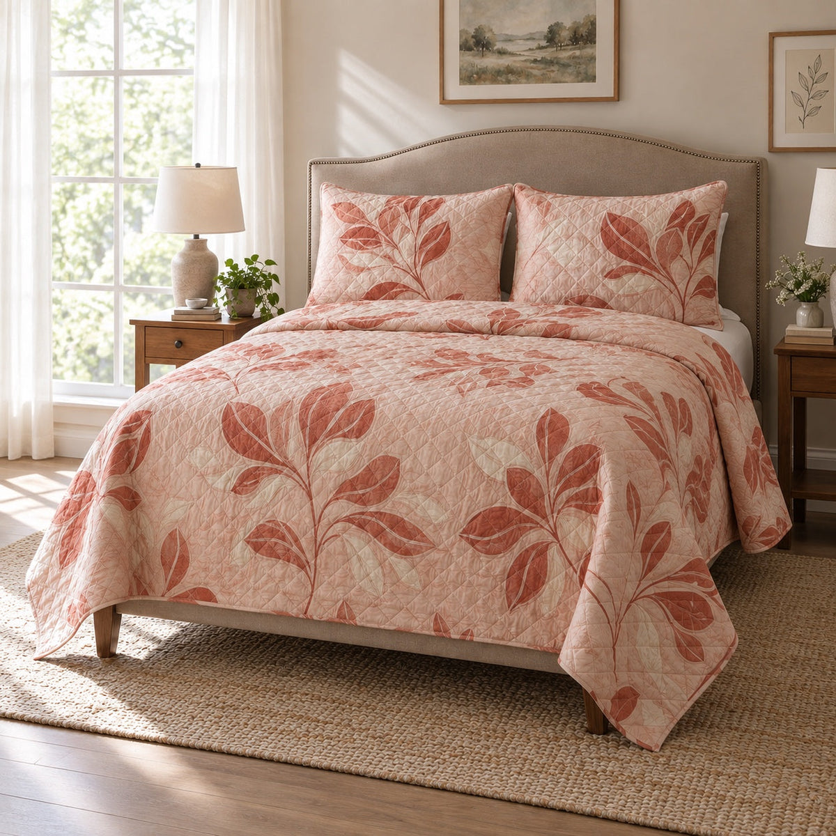 Satin Petals Embroidery Quilt Set, angled embroidery bedroom view