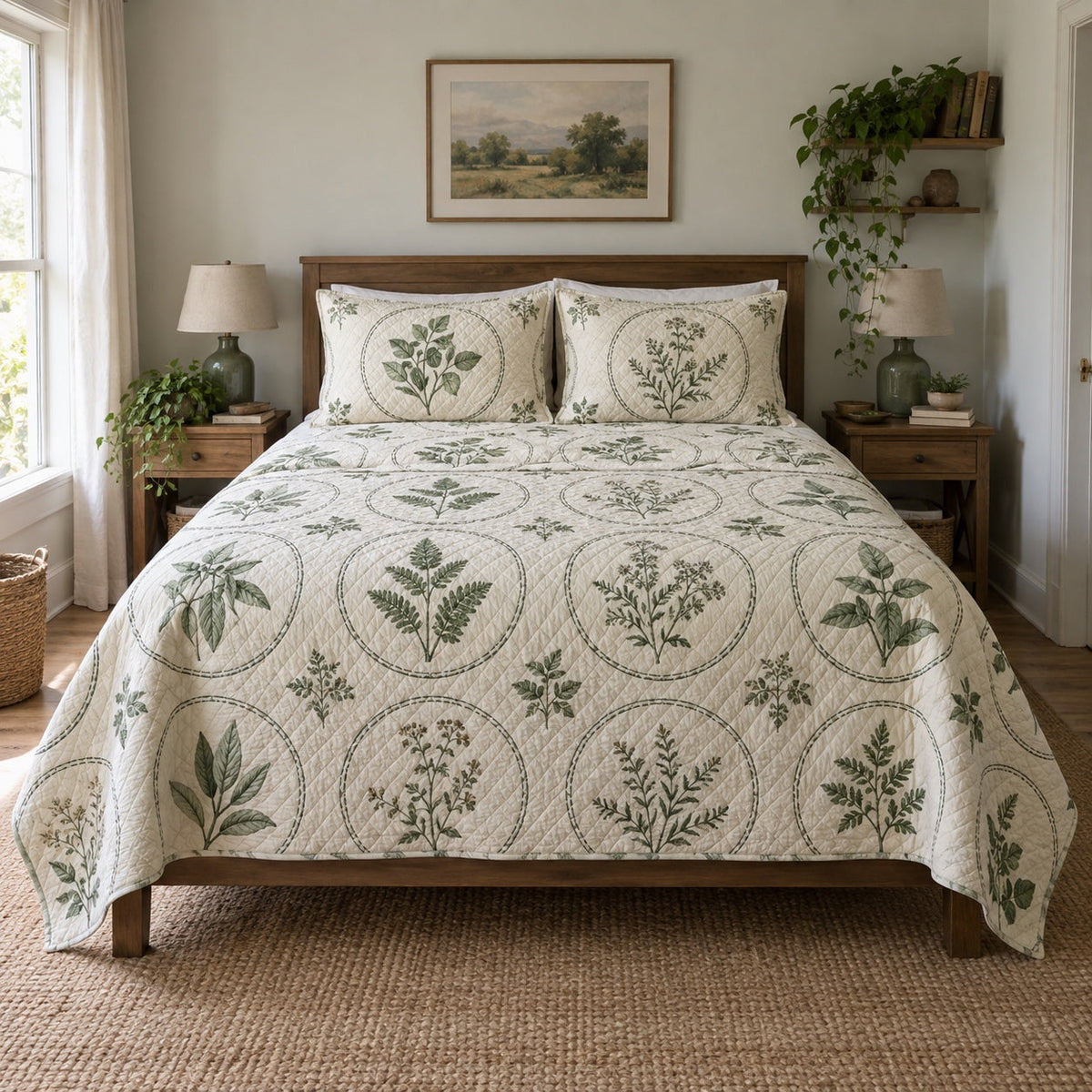 Herbarium Hoop Embroidery Quilt Set, front embroidery bedroom view