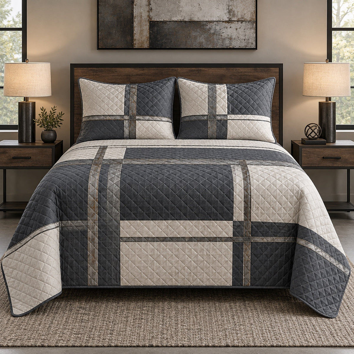Steel Lines Welder Quilt Set, front welder bedroom view