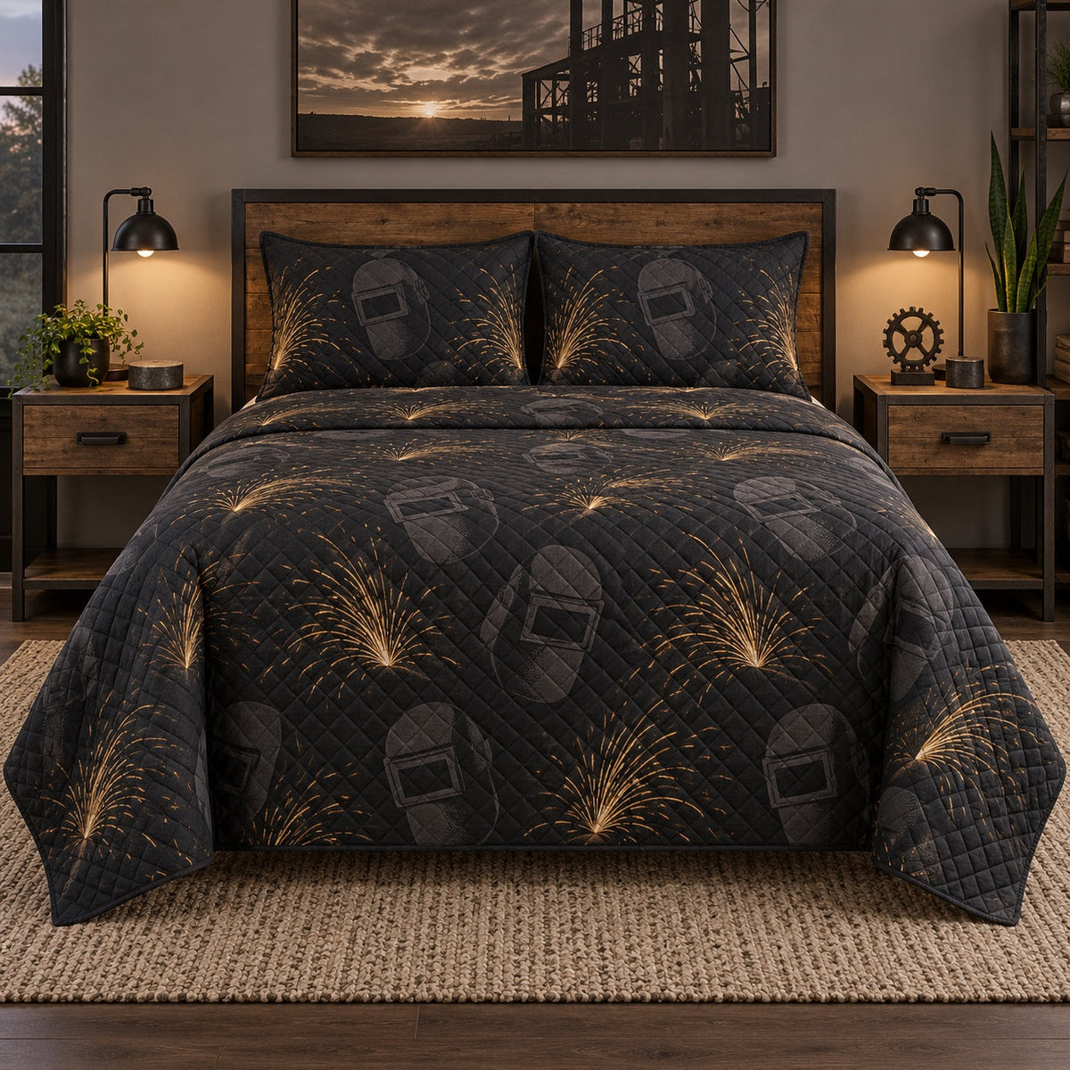 Night Sparks Welder Quilt Set, front welder bedroom view