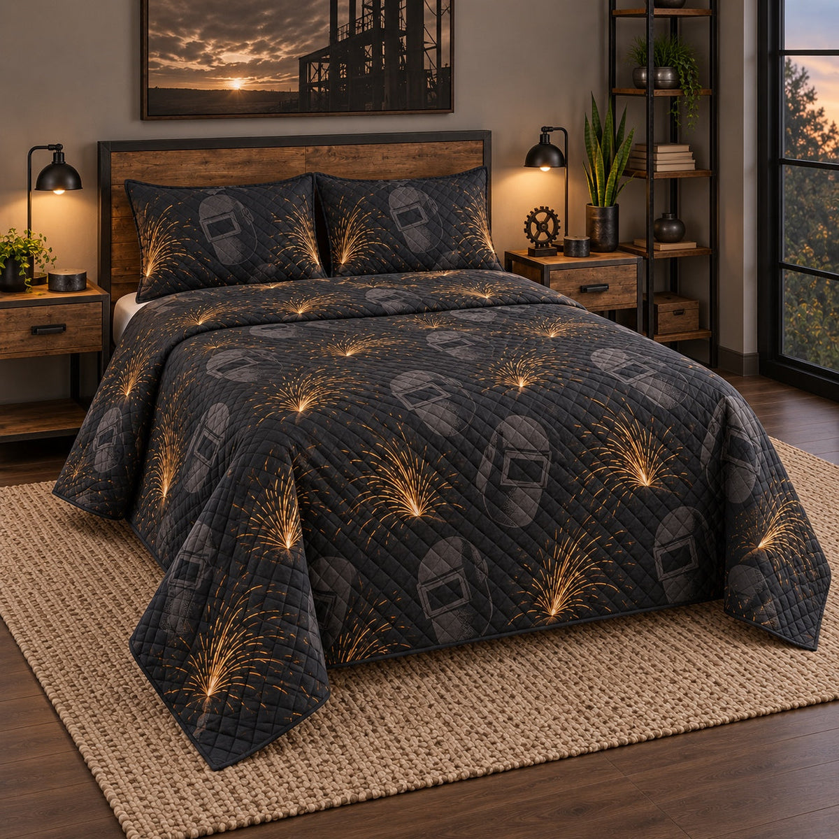 Night Sparks Welder Quilt Set, angled welder bedroom view
