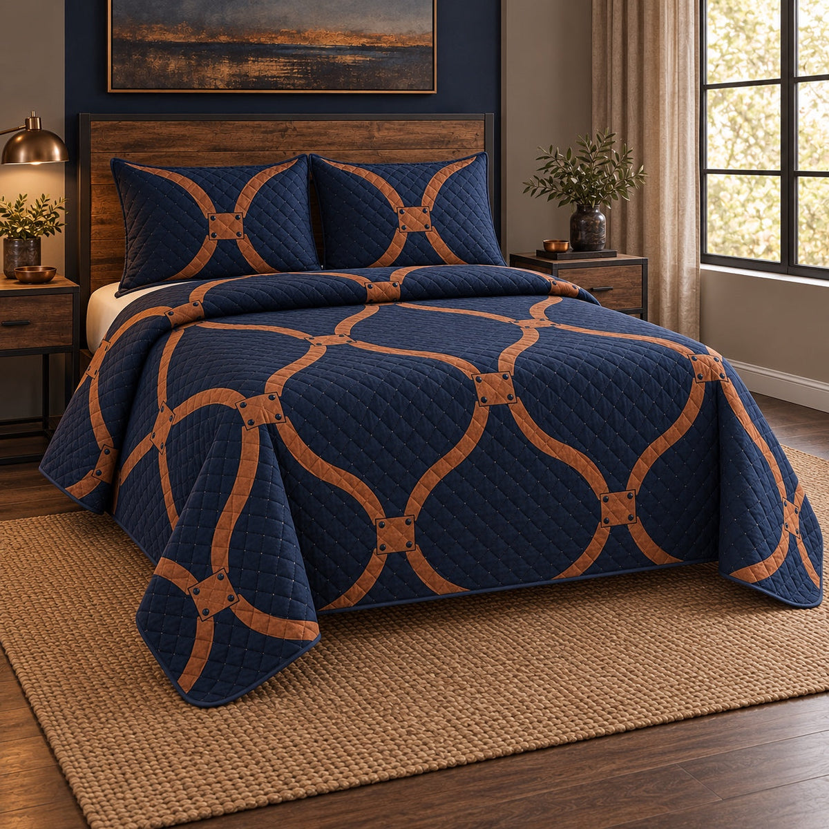 Copper Arc Welder Quilt Set, angled welder bedroom view