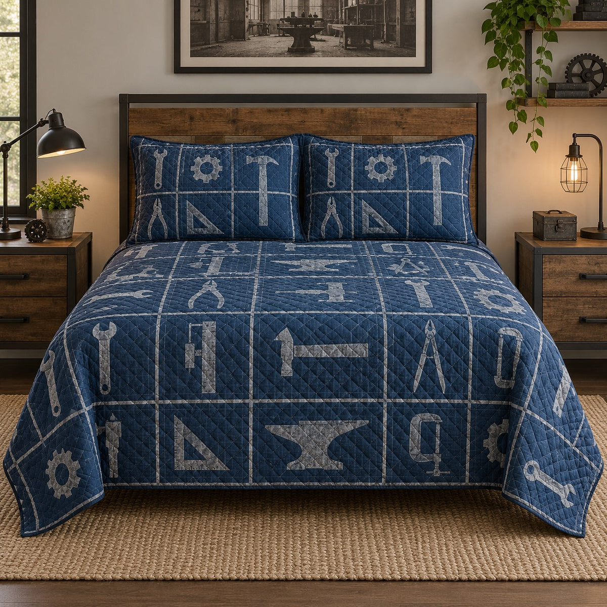 Workshop Grid Welder Quilt Set, front welder bedroom view