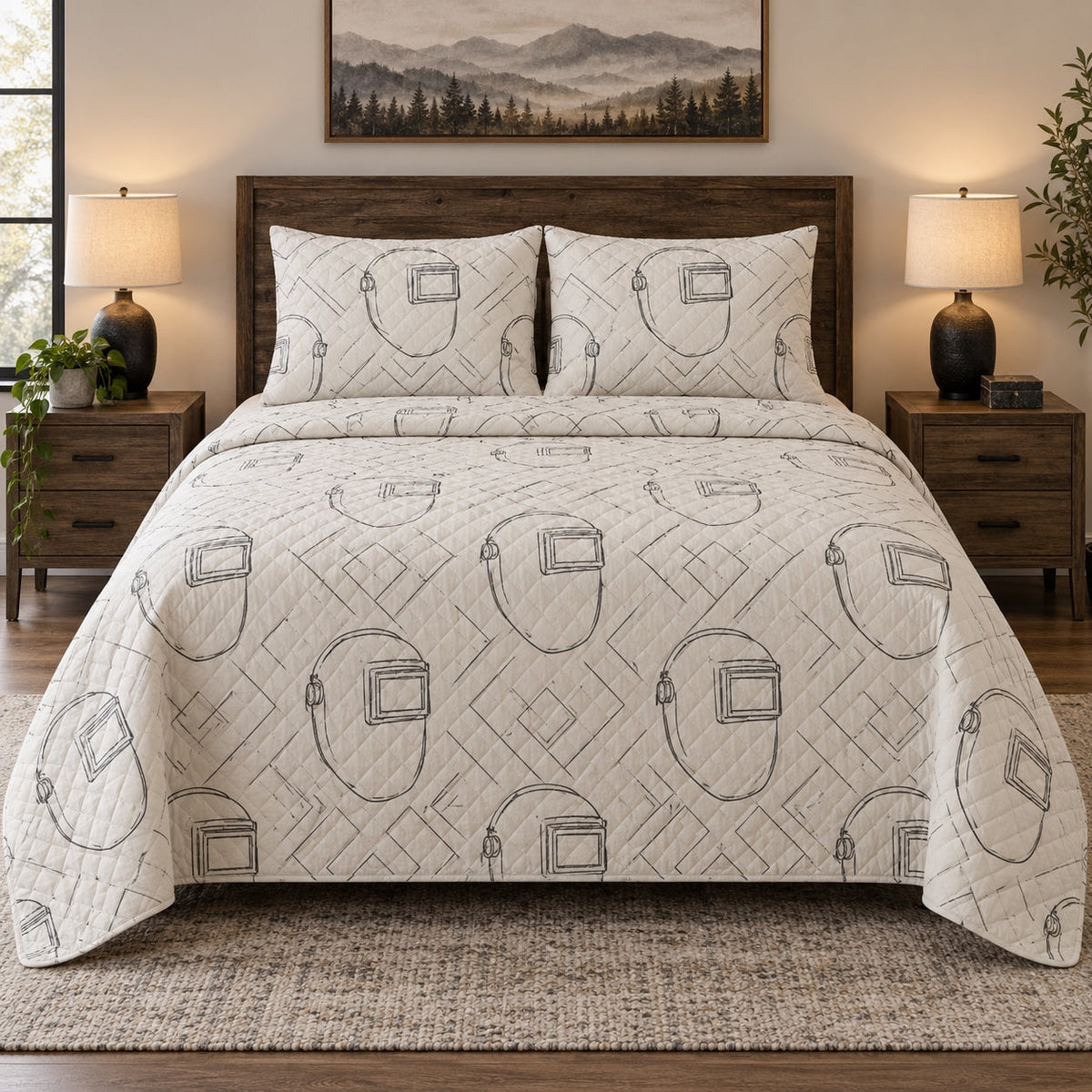 Welding Hood Line Art Welder Quilt Set, front welder bedroom view