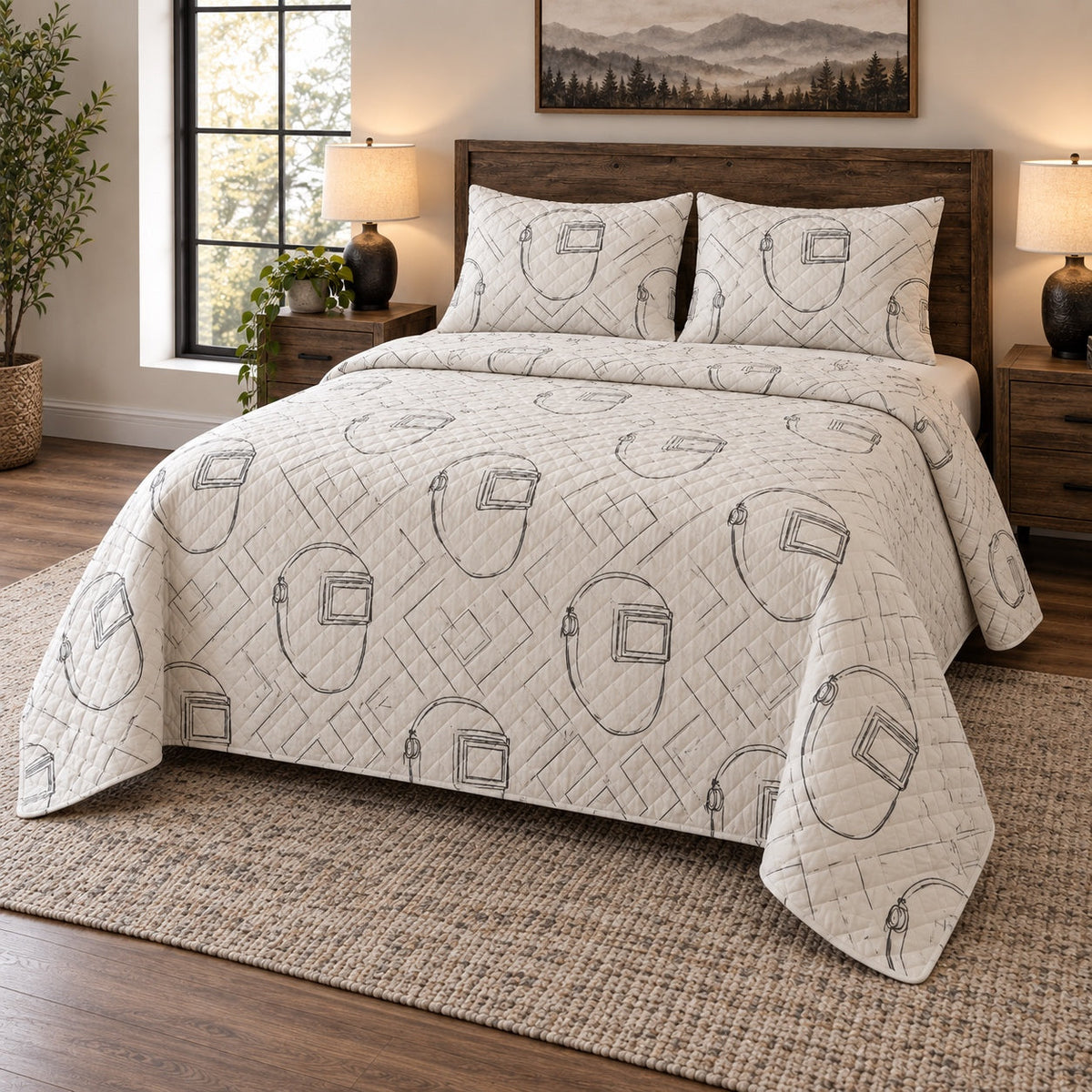 Welding Hood Line Art Welder Quilt Set, angled welder bedroom view