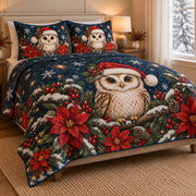 Christmas Owl Poinsettia Winter Quilt Set: angled bedroom view showing the quilt artwork and coordinating shams