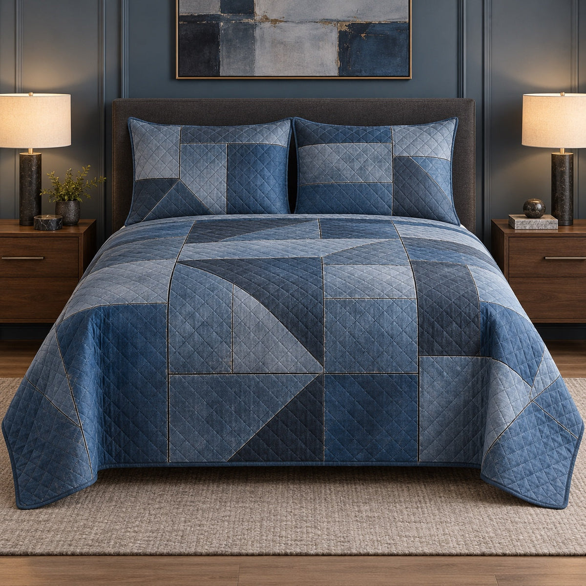Blue Steel Welder Quilt Set, front welder bedroom view