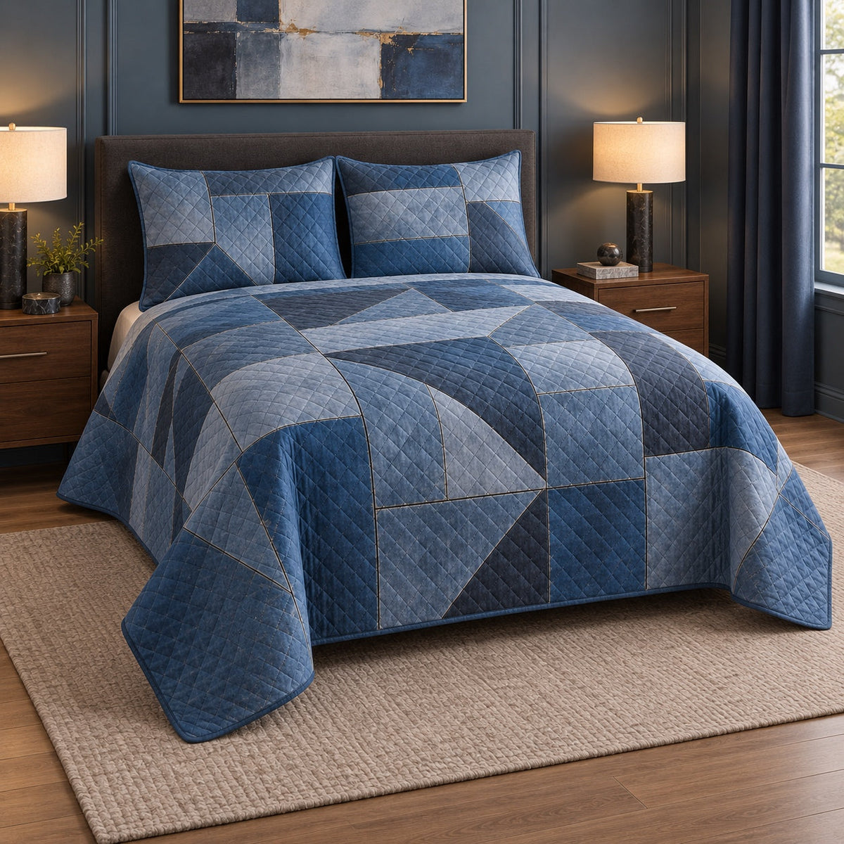 Blue Steel Welder Quilt Set, angled welder bedroom view