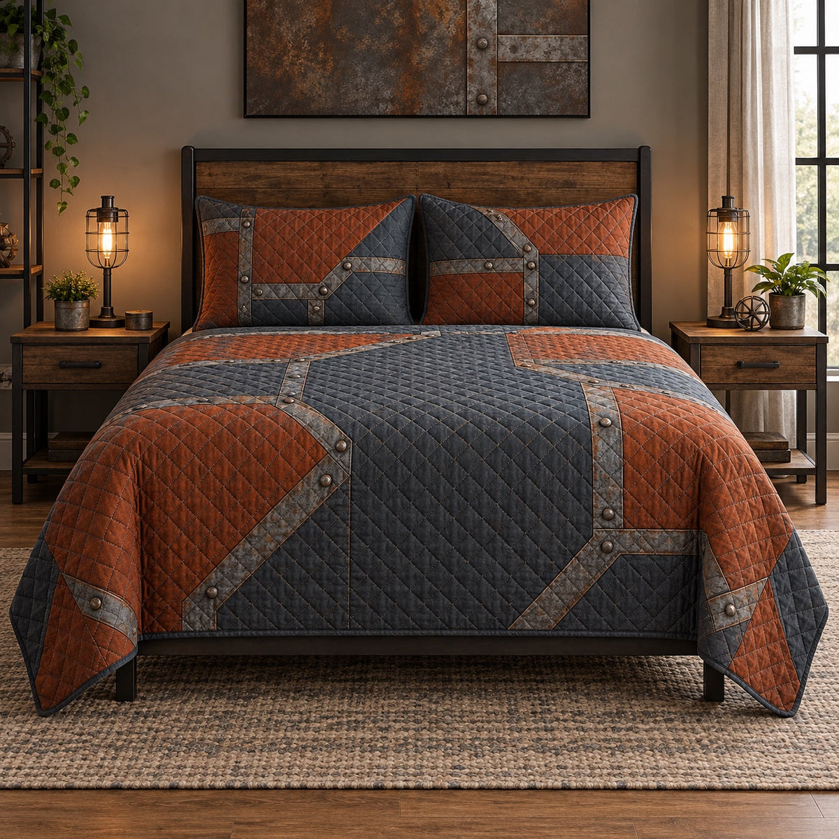 Rust and Slate Welder Quilt Set, front welder bedroom view