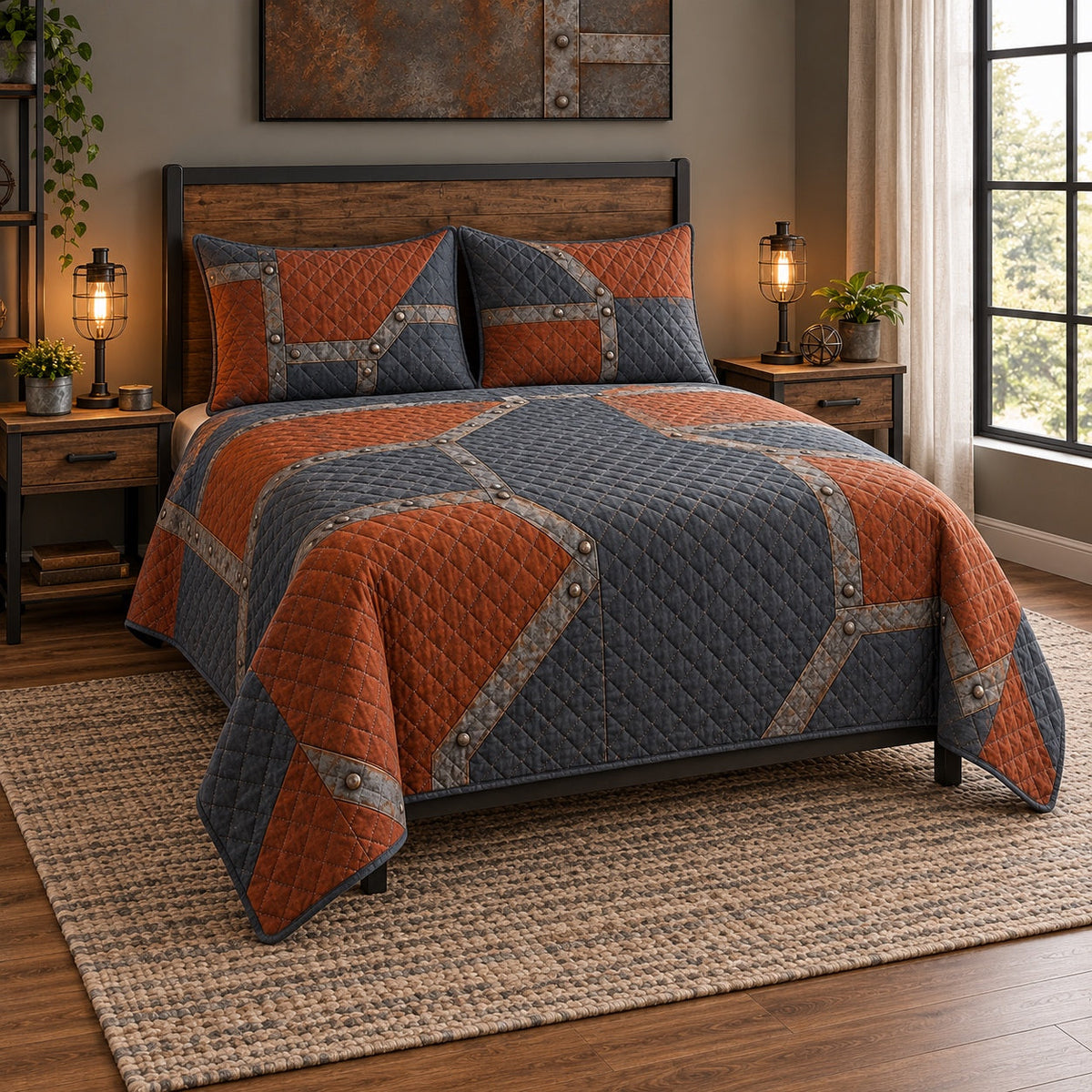 Rust and Slate Welder Quilt Set, angled welder bedroom view