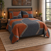 Rust and Slate Welder Quilt Set, angled welder bedroom view