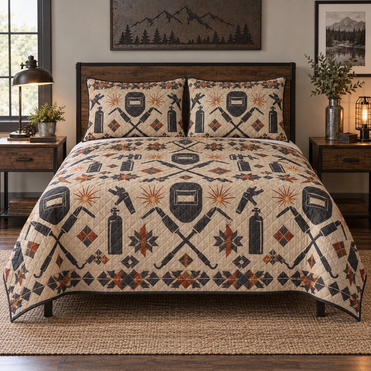 Industrial Folk Welder Quilt Set, front welder bedroom view