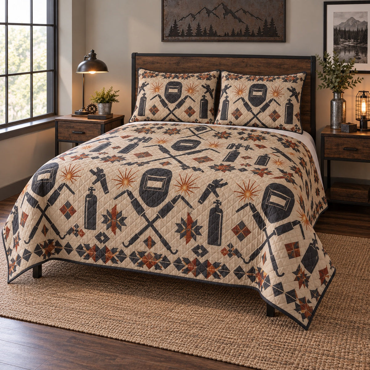 Industrial Folk Welder Quilt Set, angled welder bedroom view