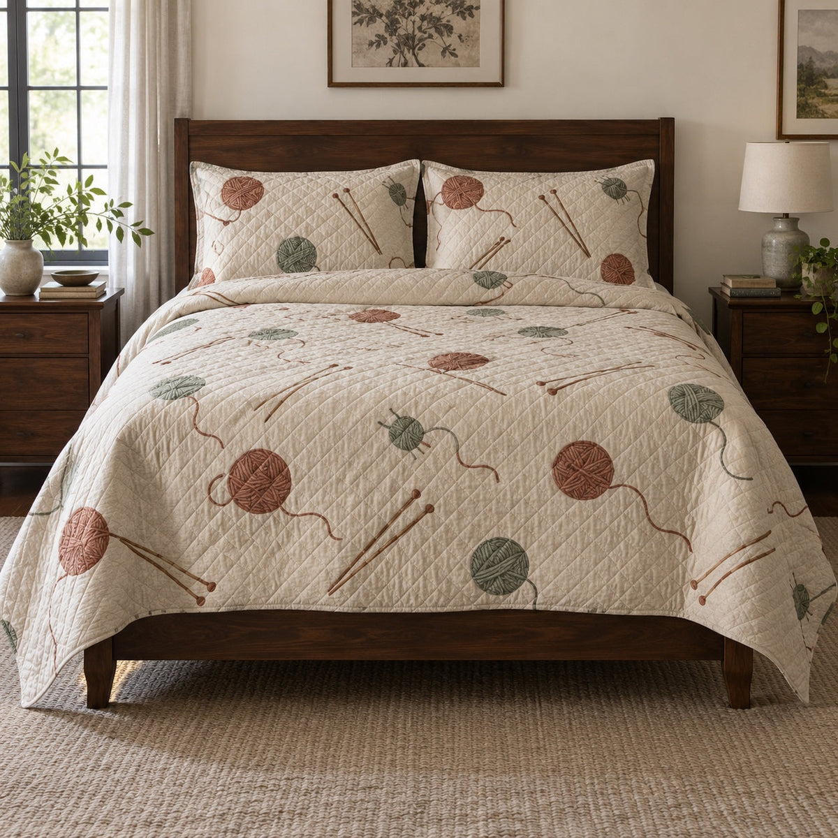 Yarn Row Knitting Quilt Set, front knitting bedroom view