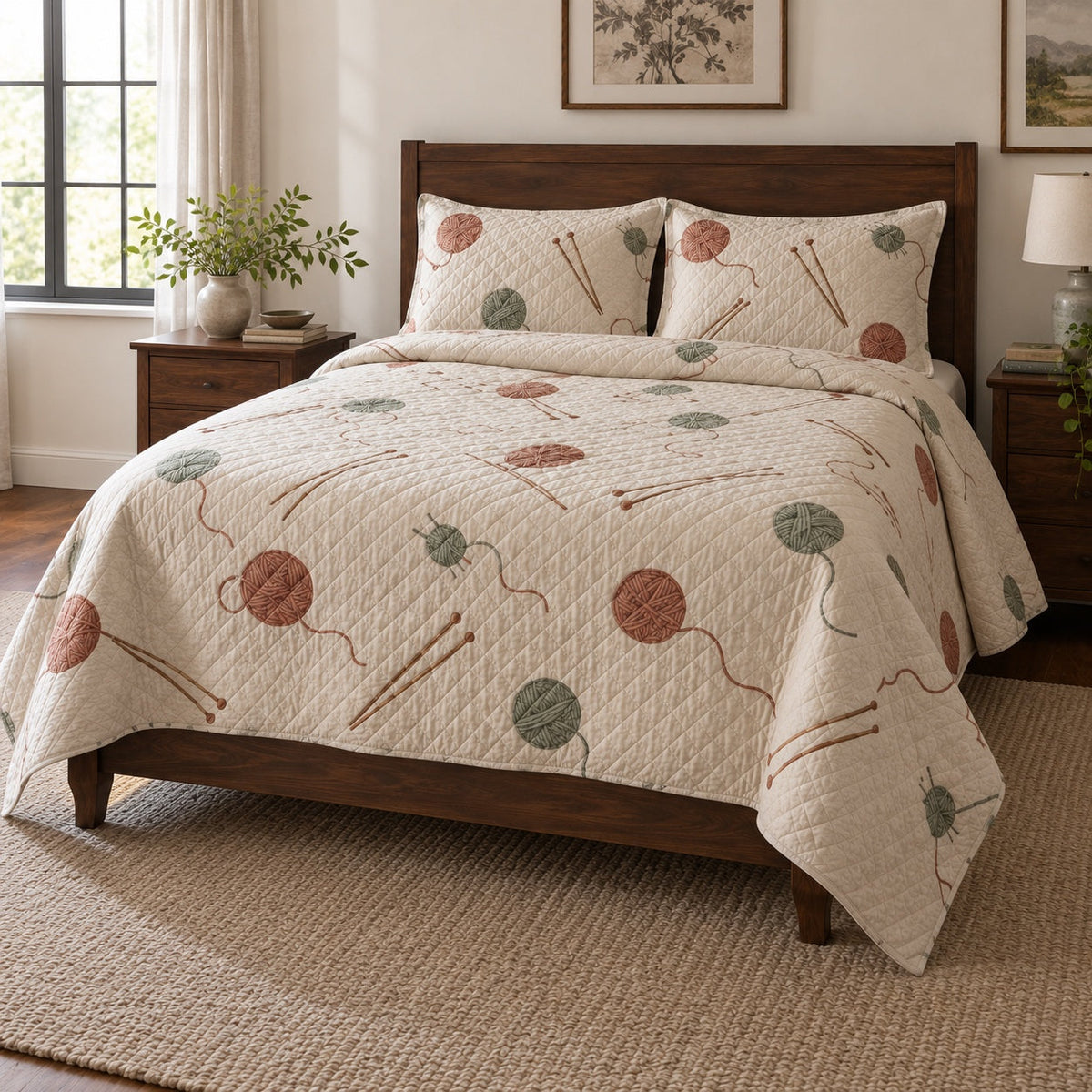 Yarn Row Knitting Quilt Set, angled knitting bedroom view