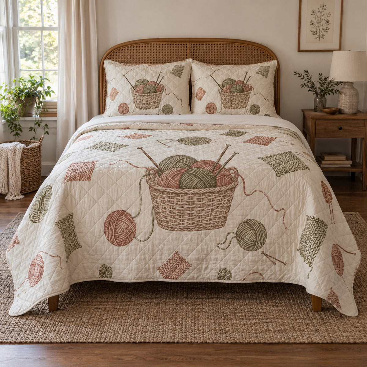 Knit Basket Knitting Quilt Set, front knitting bedroom view