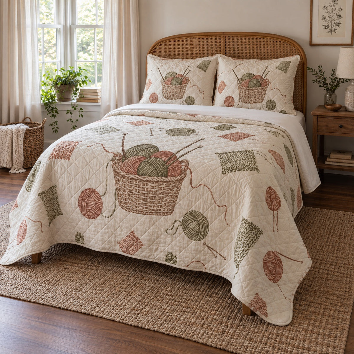 Knit Basket Knitting Quilt Set, angled knitting bedroom view