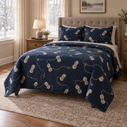 Winter Skeins Knitting Quilt Set, angled knitting bedroom view