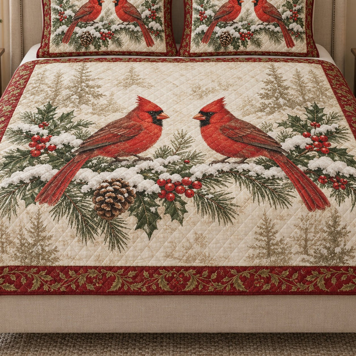 Close view of the Christmas Cardinal quilt artwork and two matching shams