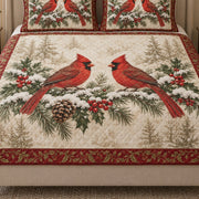 Close view of the Christmas Cardinal quilt artwork and two matching shams