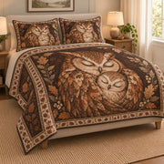 Owl Family Autumn Bird Quilt Set: angled bedroom view showing the quilt artwork and coordinating shams