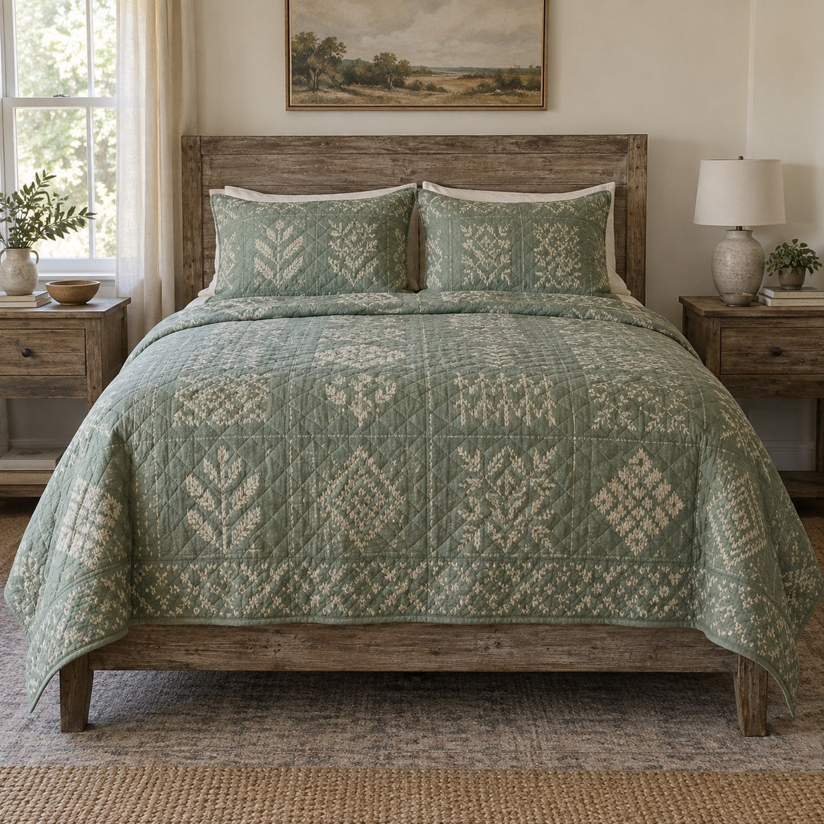 Sage Stitch Knitting Quilt Set, front knitting bedroom view