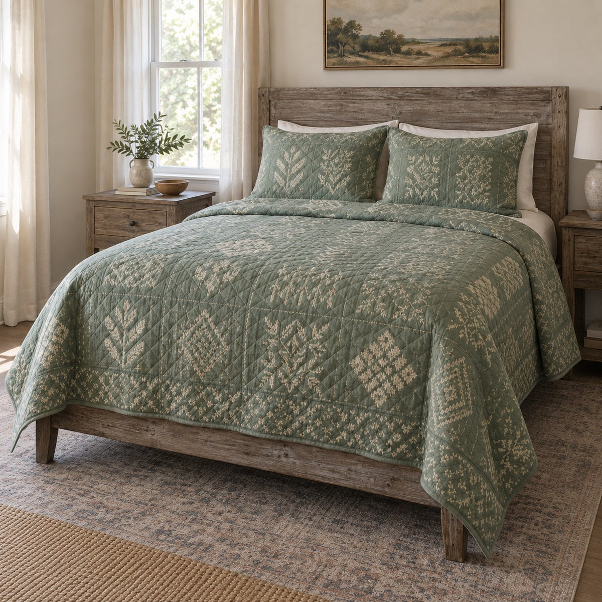 Sage Stitch Knitting Quilt Set, angled knitting bedroom view