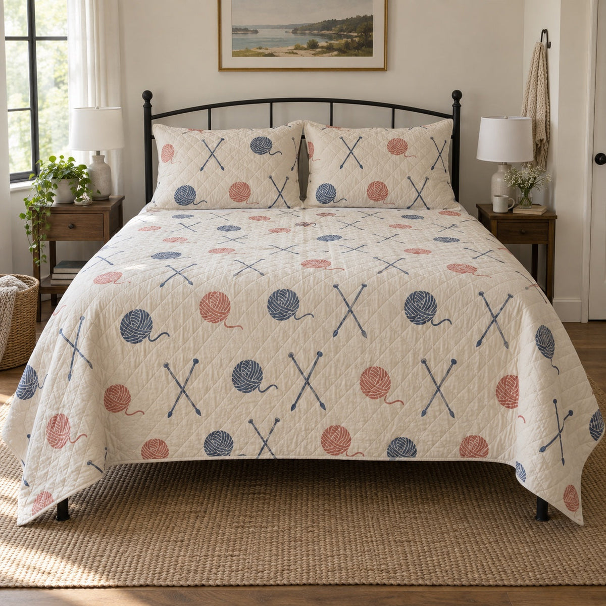 Needle Study Knitting Quilt Set, front knitting bedroom view