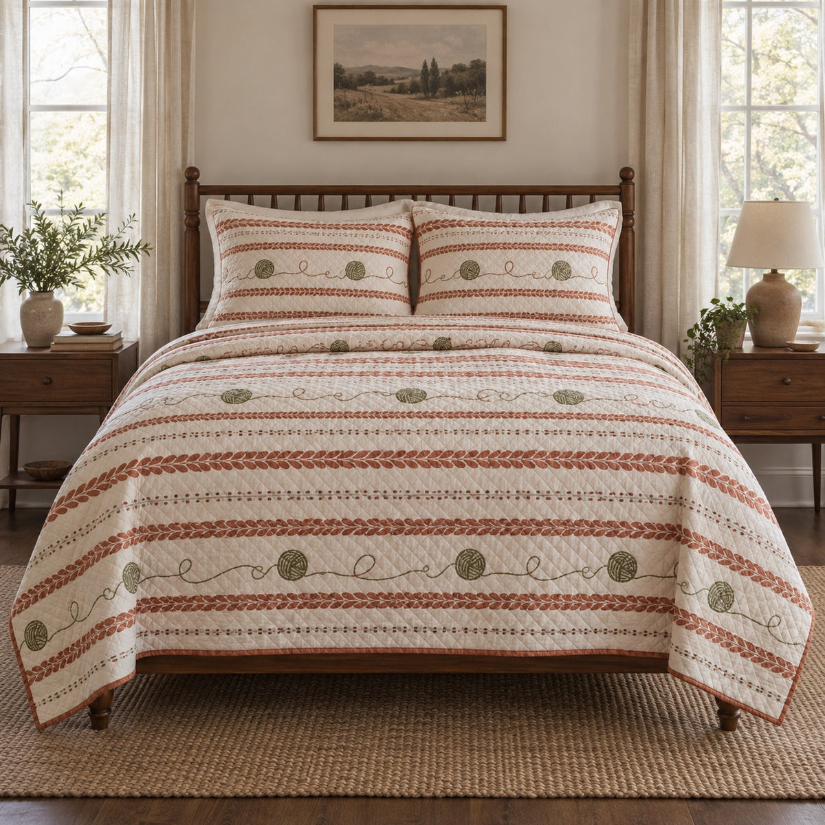 Terracotta Row Knitting Quilt Set, front knitting bedroom view
