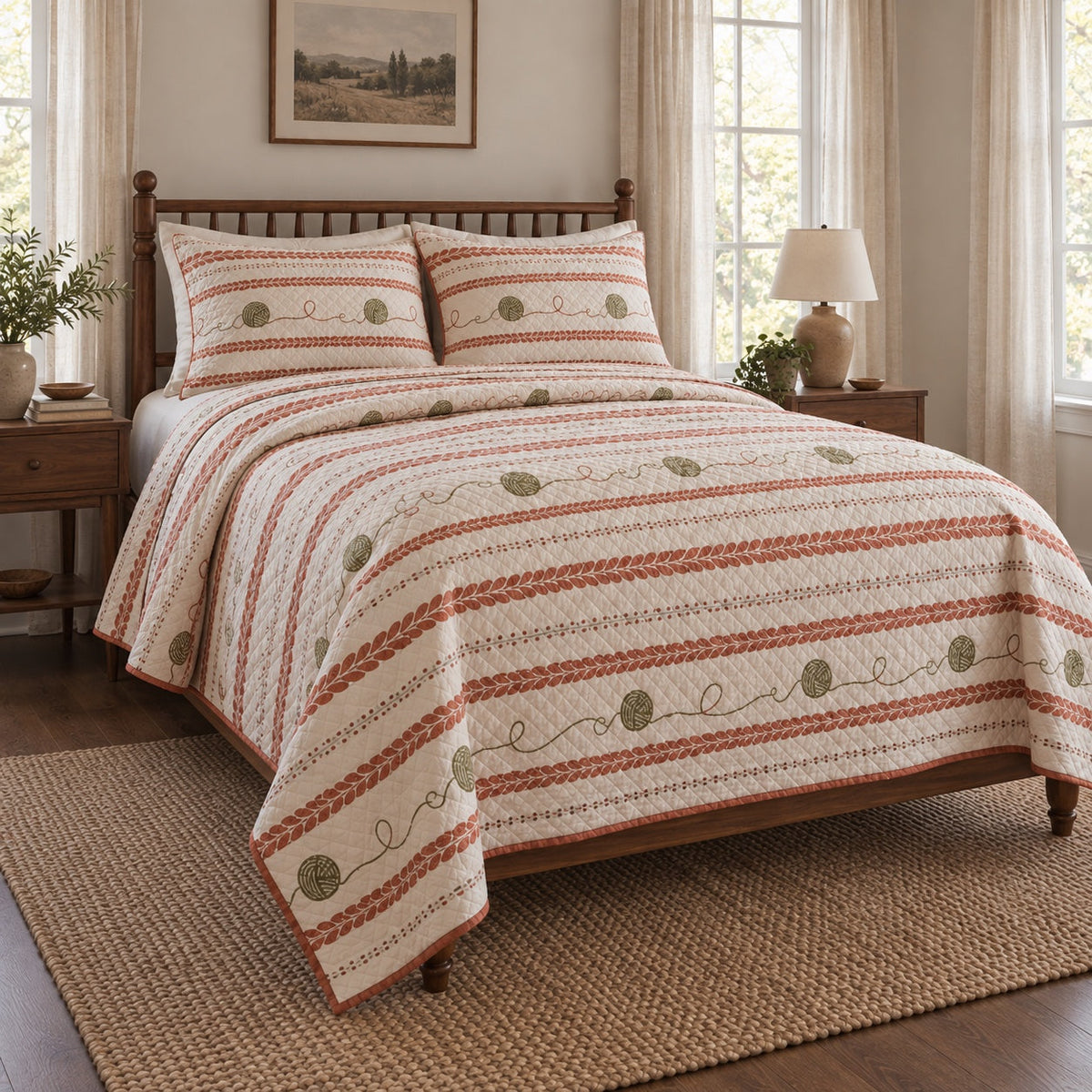 Terracotta Row Knitting Quilt Set, angled knitting bedroom view