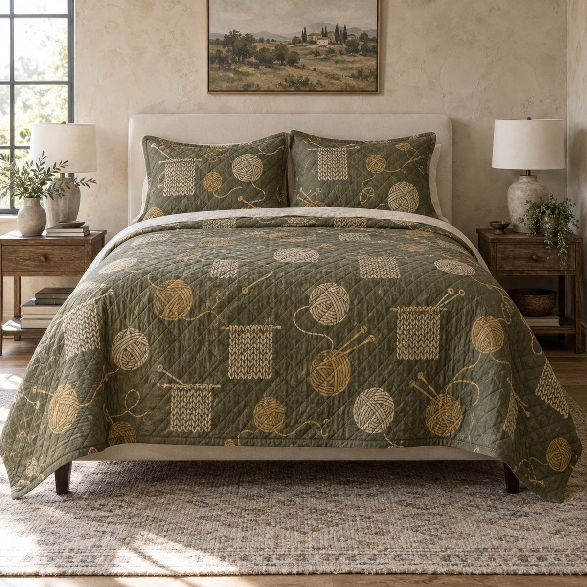 Cozy Pattern Knitting Quilt Set, front knitting bedroom view