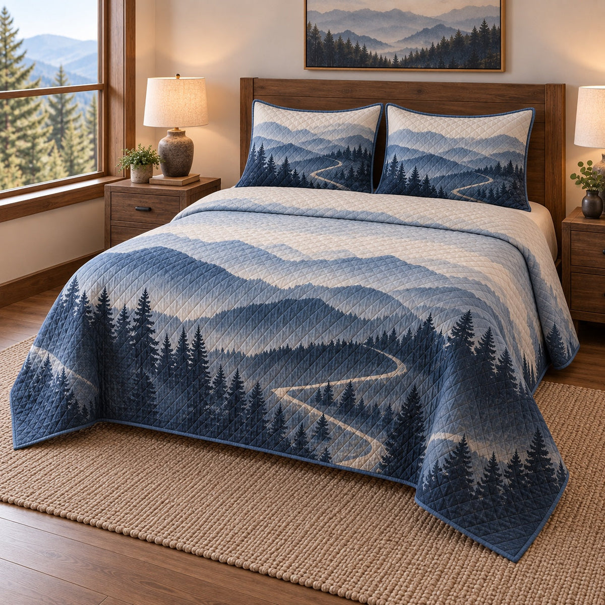 Misty Ridge Hiking Quilt Set, angled hiking bedroom view