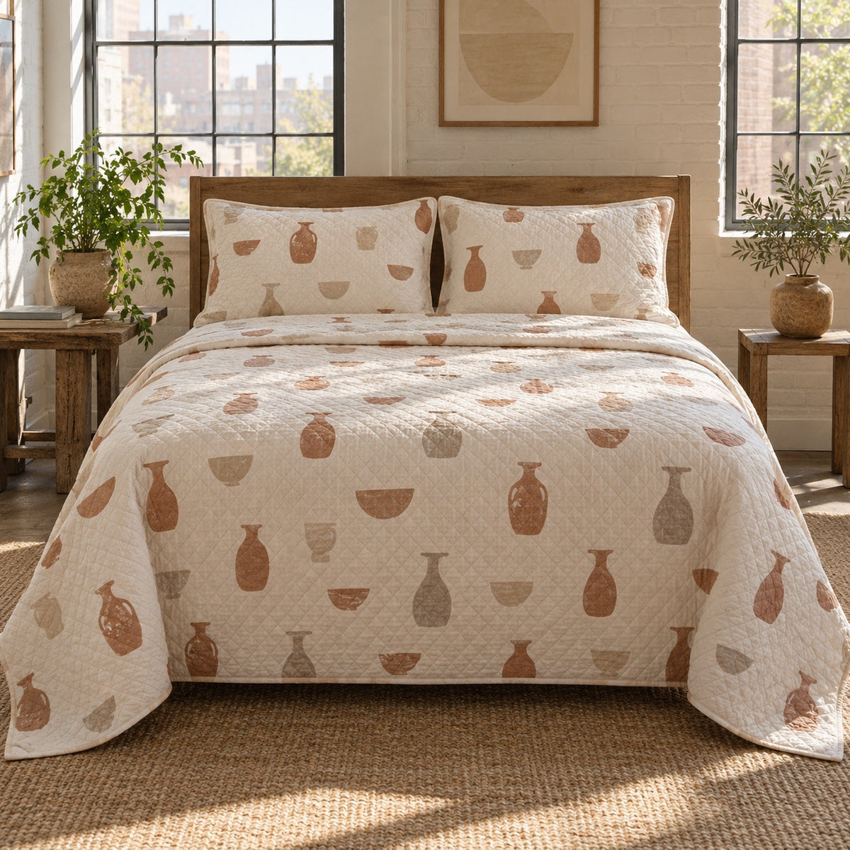 Clay Studio Pottery Quilt Set, front pottery bedroom view