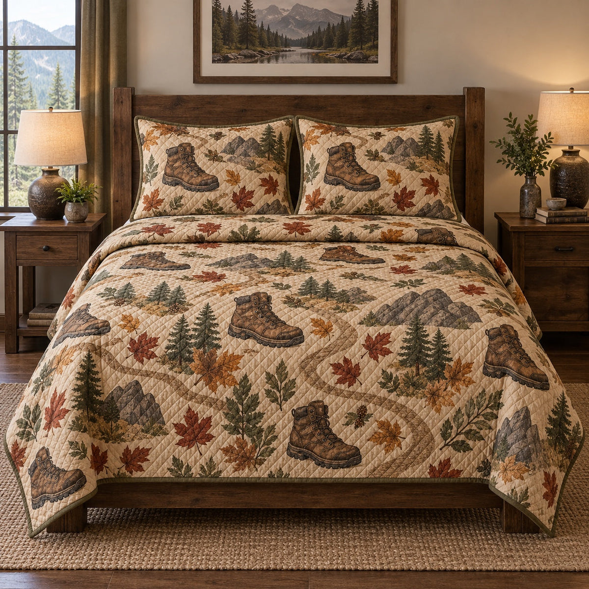 Trail Boots Hiking Quilt Set, front hiking bedroom view