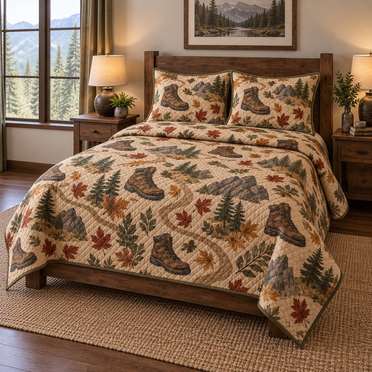 Trail Boots Hiking Quilt Set, angled hiking bedroom view