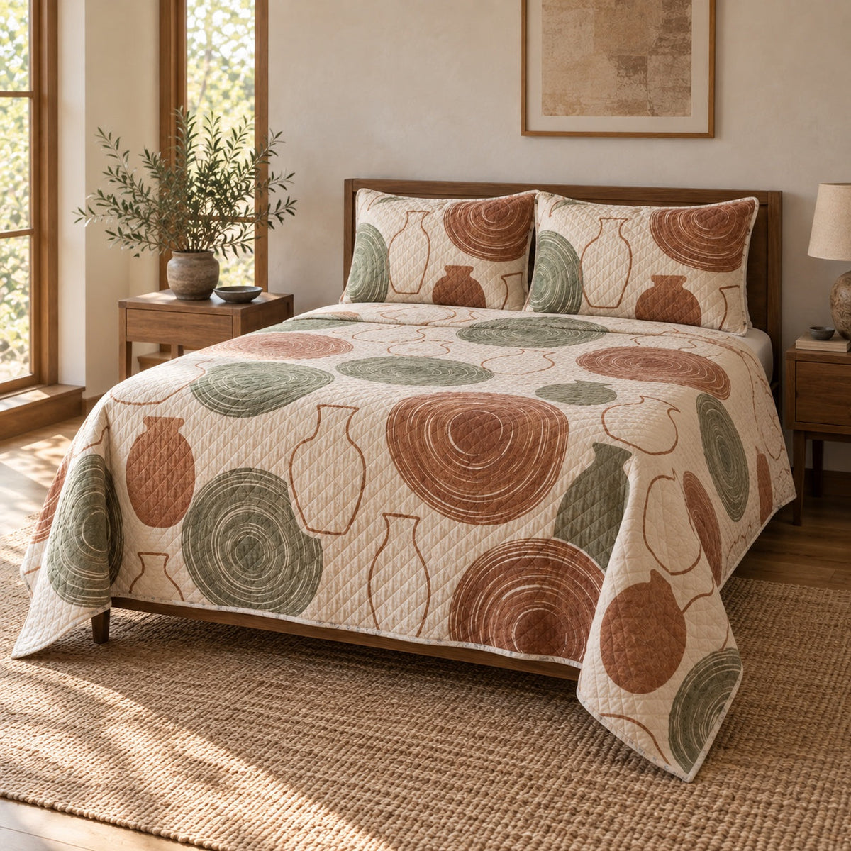 Wheel Study Pottery Quilt Set, angled pottery bedroom view
