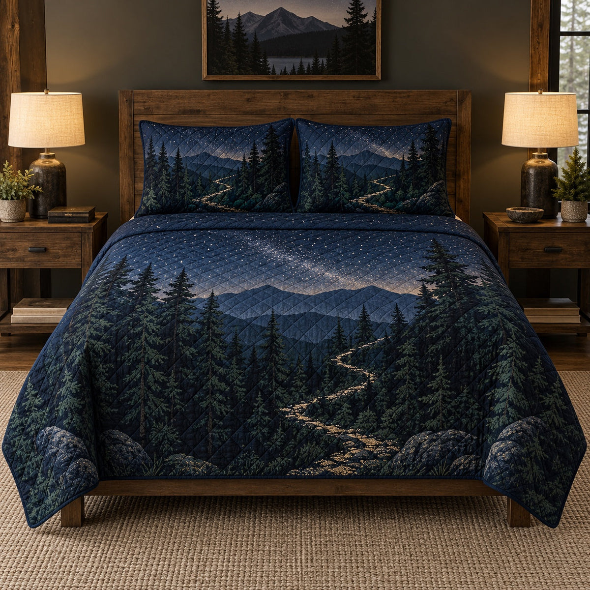Night Trail Hiking Quilt Set, front hiking bedroom view