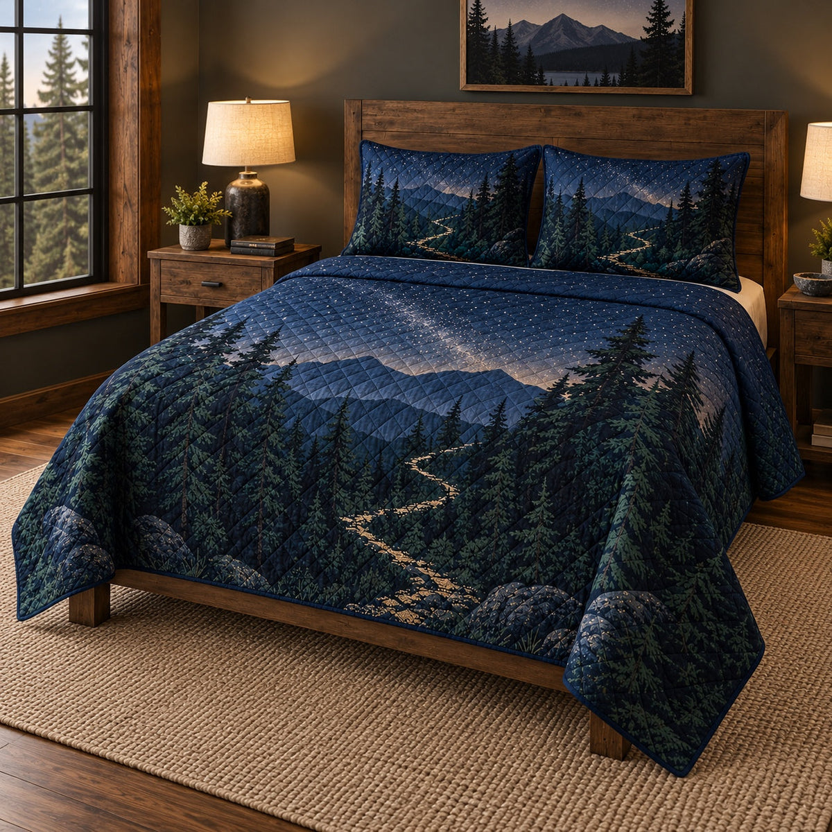 Night Trail Hiking Quilt Set, angled hiking bedroom view
