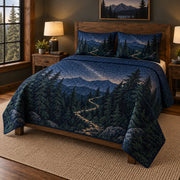 Night Trail Hiking Quilt Set, angled hiking bedroom view