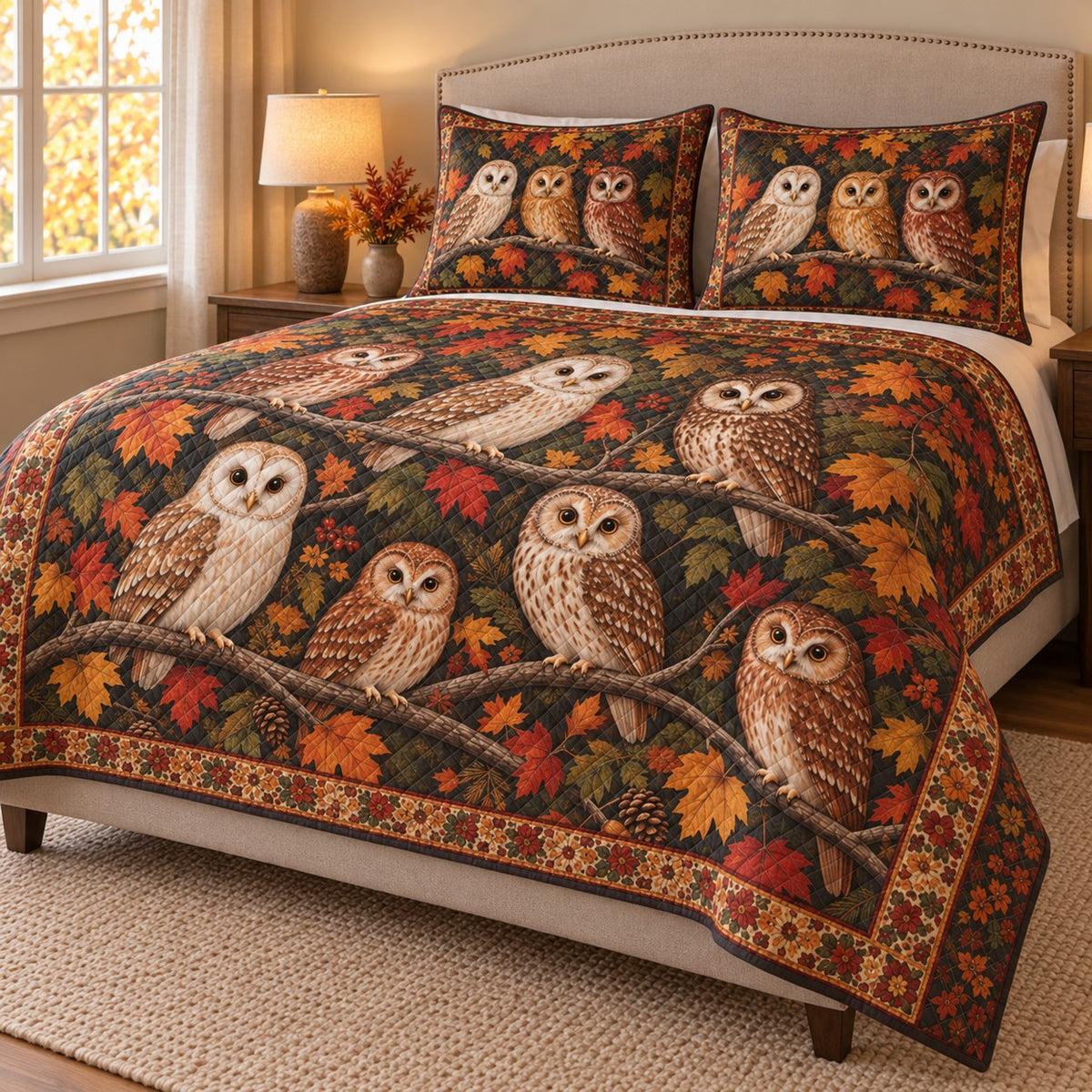 Autumn Owl Forest Bird Quilt Set: angled bedroom view showing the quilt artwork and coordinating shams