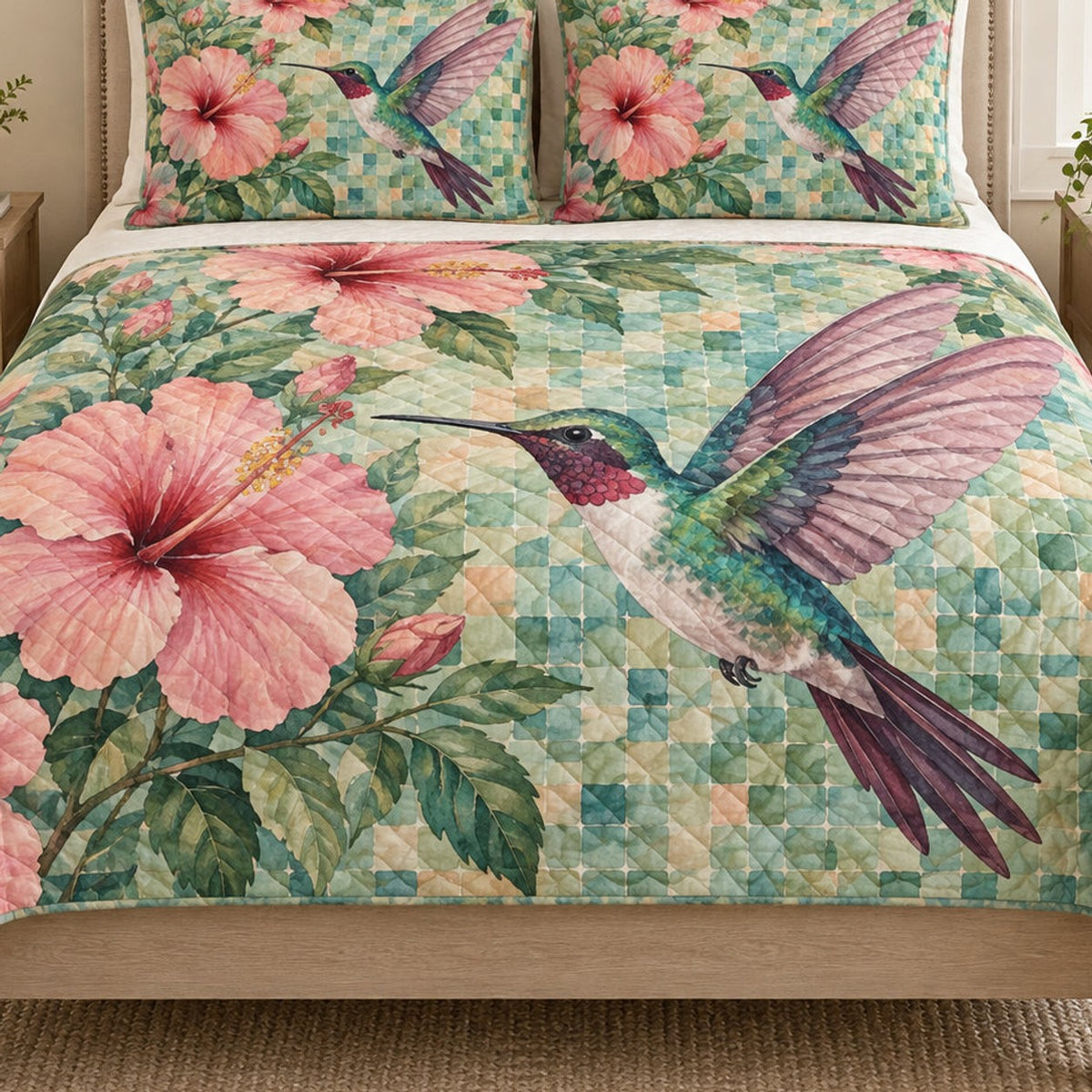 Close view of the Pink Hummingbird Hibiscus quilt artwork and two matching shams