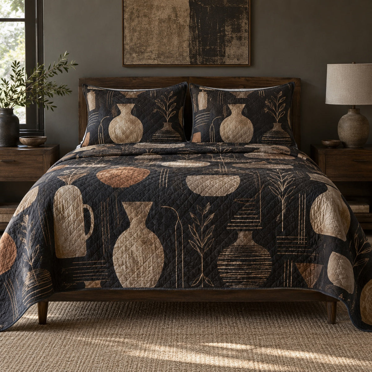 Kiln Earth Pottery Quilt Set, front pottery bedroom view